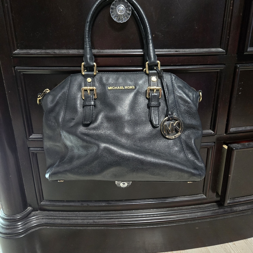 Michael Kors Black Leather Satchel Tote Handbag